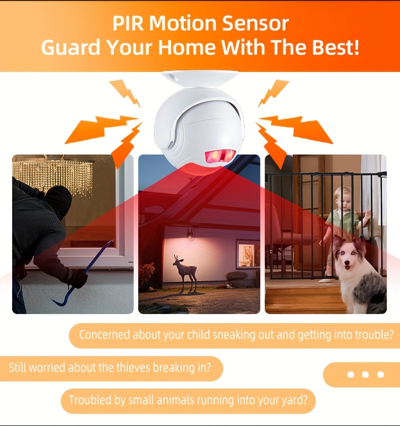 Sistema de Alarma de Seguridad Inalámbrico con Detector de Movimiento Infrarrojo y Timbre - Alimentado por Batería/USB de Doble Uso, Seguridad Inteligente para el Hogar con Alertas en Tiempo Real, Control Remoto