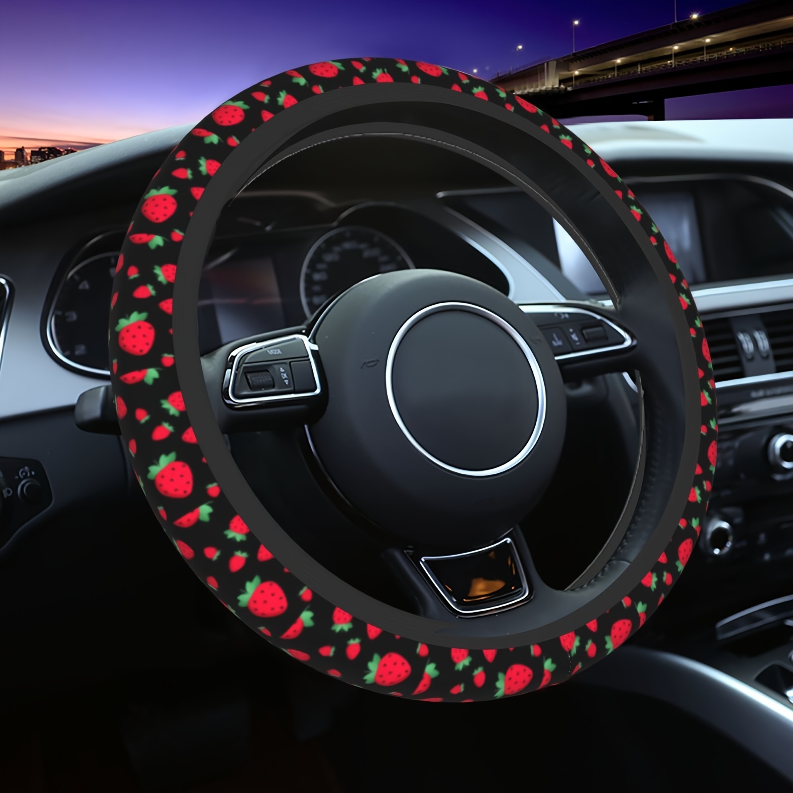 

1pc Red Strawberry Print Car Steering Wheel Cover - Universal Car Accessory For Diverse Cars, Waterproof And Dustproof Steering Wheel Protector Suitable For Women