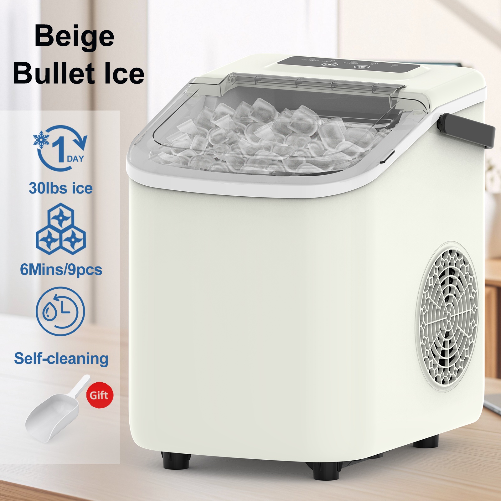 TEMU Machine à glaçons avec poignée sur . Elle peut 9 glaçons de balle en , avec une capacité de fabrication de glace de 30 livres en 24 heures. Elle