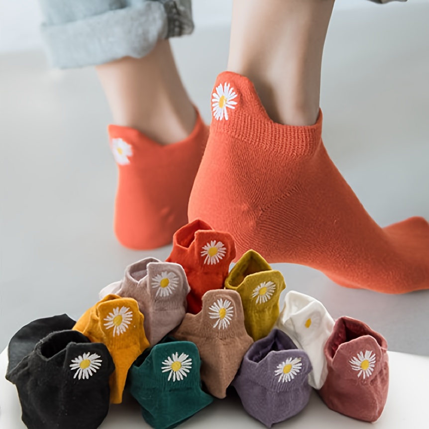 

6/10 Pairs Of Random Flower Embroidery, , Simple, , Comfortable, Breathable, , Sports, Casual, Invisible Boat Socks