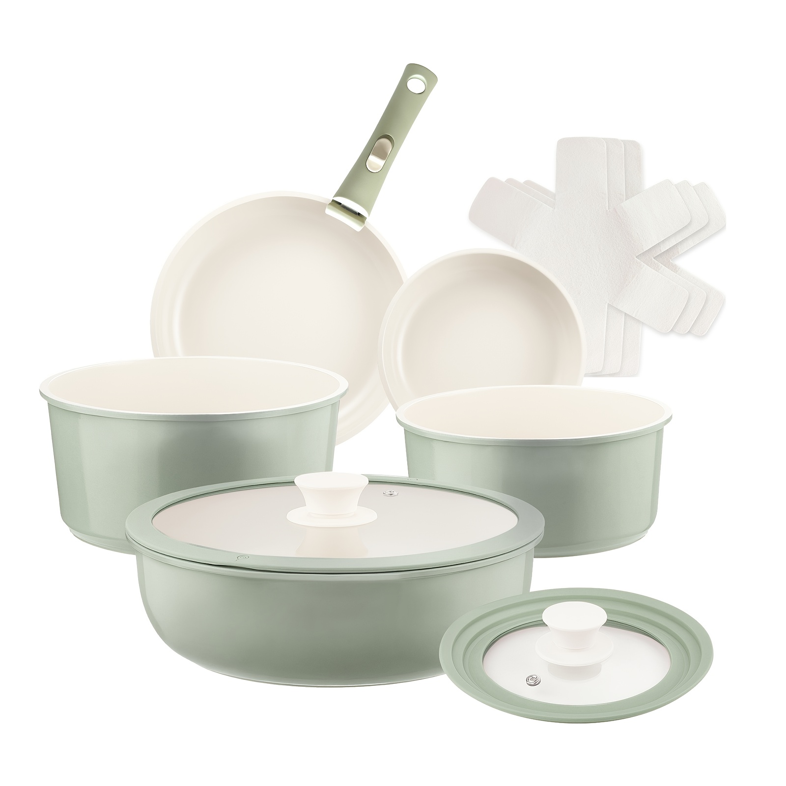 TEMU 11pcs Deep Frying Pan Set, Green, Kitchen Cookware, Modern Cookware, High-quality Cookware, Ceramic Pot Safety Cookware, Cooking Enthusiasts,