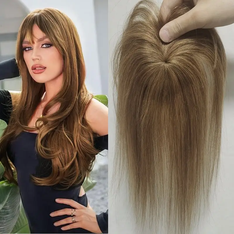 360 coverage human hair topper wig with bangs straight clip in hairpiece for thinning hair 6 color hair extensions for women natural look versatile styling hair wig hair volume enhancer texture details 0