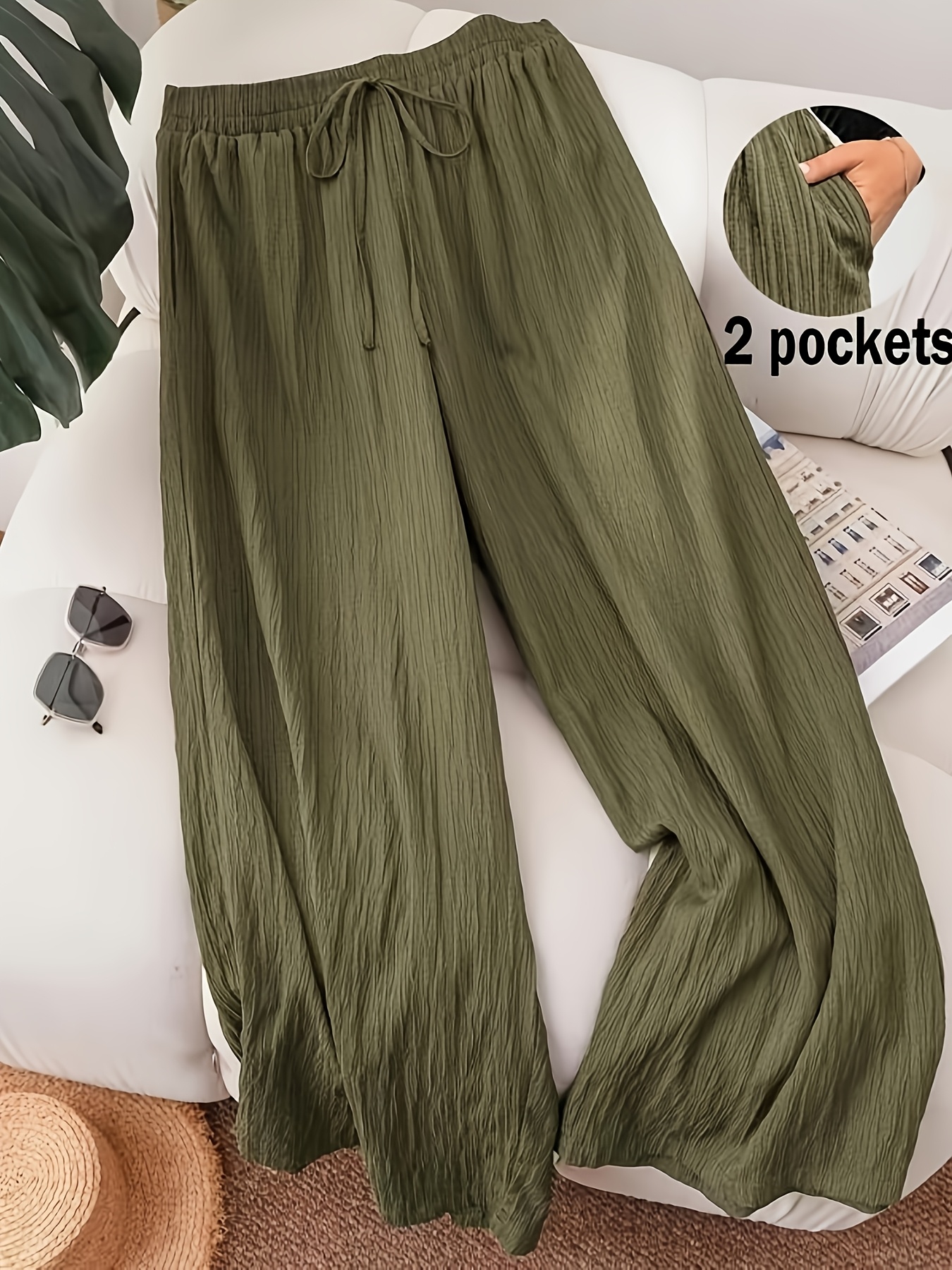 plus size plus size womens wide trousers with pockets solid color pants suitable for wear elegant wide pocketed waist ankle hand washable non for casual everyday outfits   pants