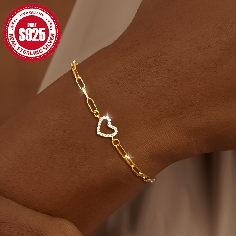 Image of 925 Silver Synthetic Zirconia Heart-shaped Hoop Bracelet For Women, With , Perfect Gift For Daily Wear Or Parties, Hypoallergenic
