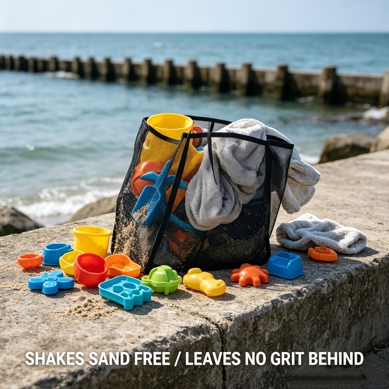TEMU Large Mesh Beach Tote Bag - Solid Color With Sturdy Handles, Ideal For Travel, Beach, Vacation, And Camping, Multifunctional Storage Solution,