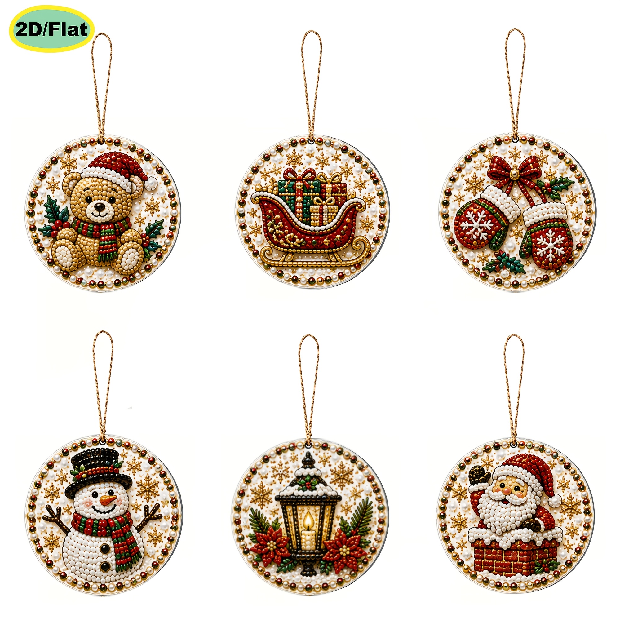 TEMU 2d Flat, 6pcs Set For All , Pearl Diamond Painting Kit, 2d Flat Pearl , Christmas Wooden Tag Pendant, Diy Drill Art Material Pack, 3.07×3.07