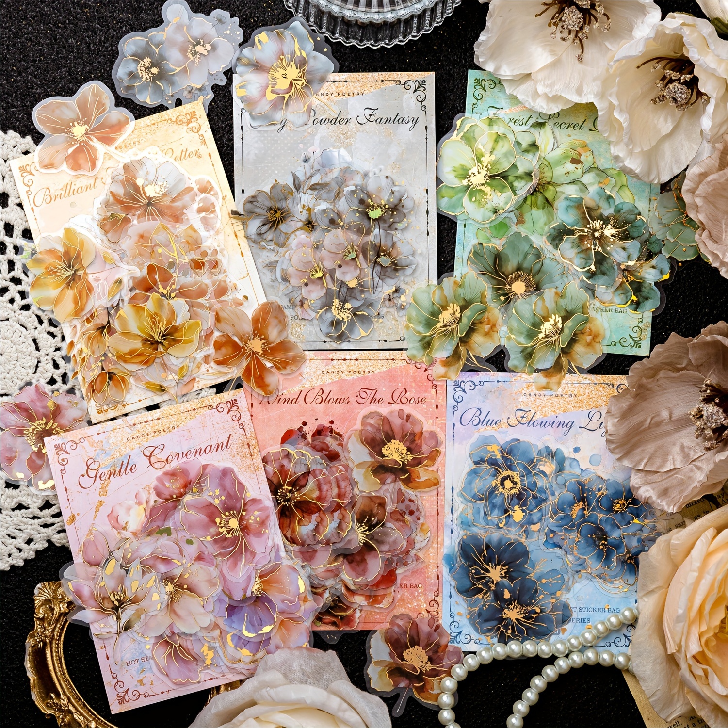 

20-pack Vintage Floral Stickers With Golden Foil Accents, Matte Pet Waterproof Adhesive Seals, Single-use, 3d Decorative Scrapbooking Sticker Set For Journals, Planners, And Diy Crafts