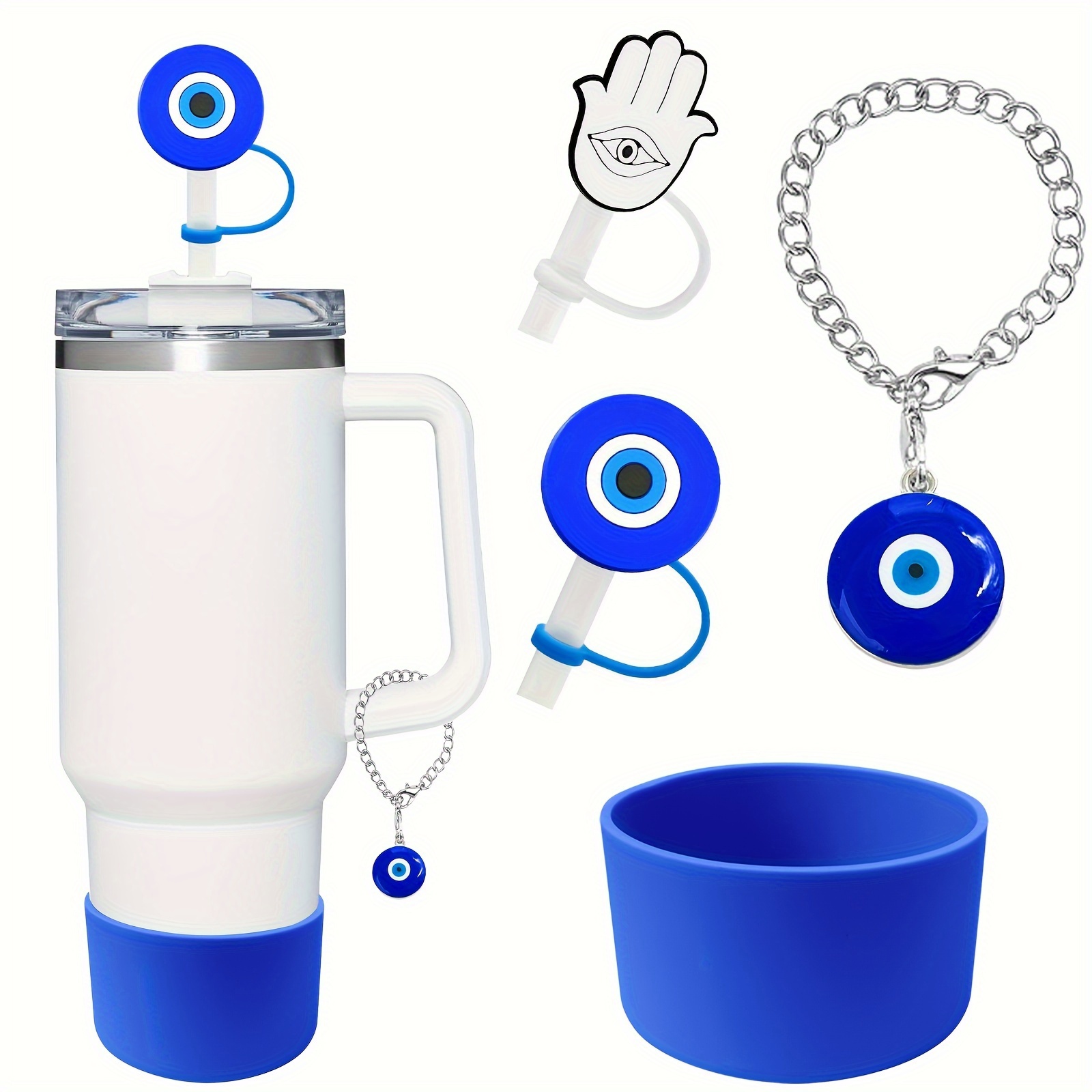 

4pcs Blue Eye Pattern Tumbler Accessory Set - Fits Stanley 30 & 40 Oz, Includes 2 Silicone Straw Covers, 1 Clip-on Eye Charm, 1 Protective Bottom Sleeve