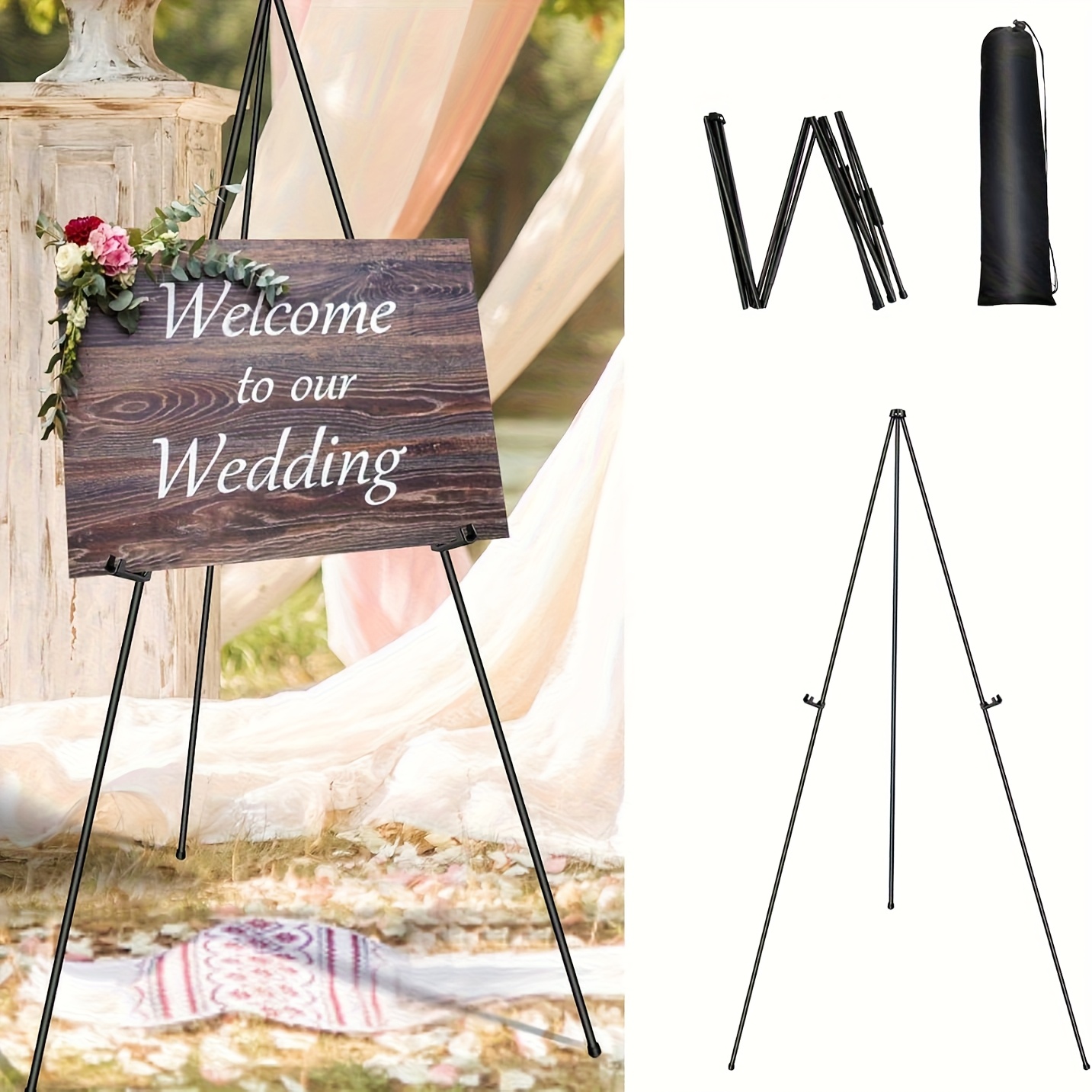 Image of Wedding Display Welcome Sign Folding Easel 160cm Golden Floor-standing Portable Easel, With Storage Bag And Anti-slip Mat, Foldable Large Painting Foldable Art Tripod (black)
