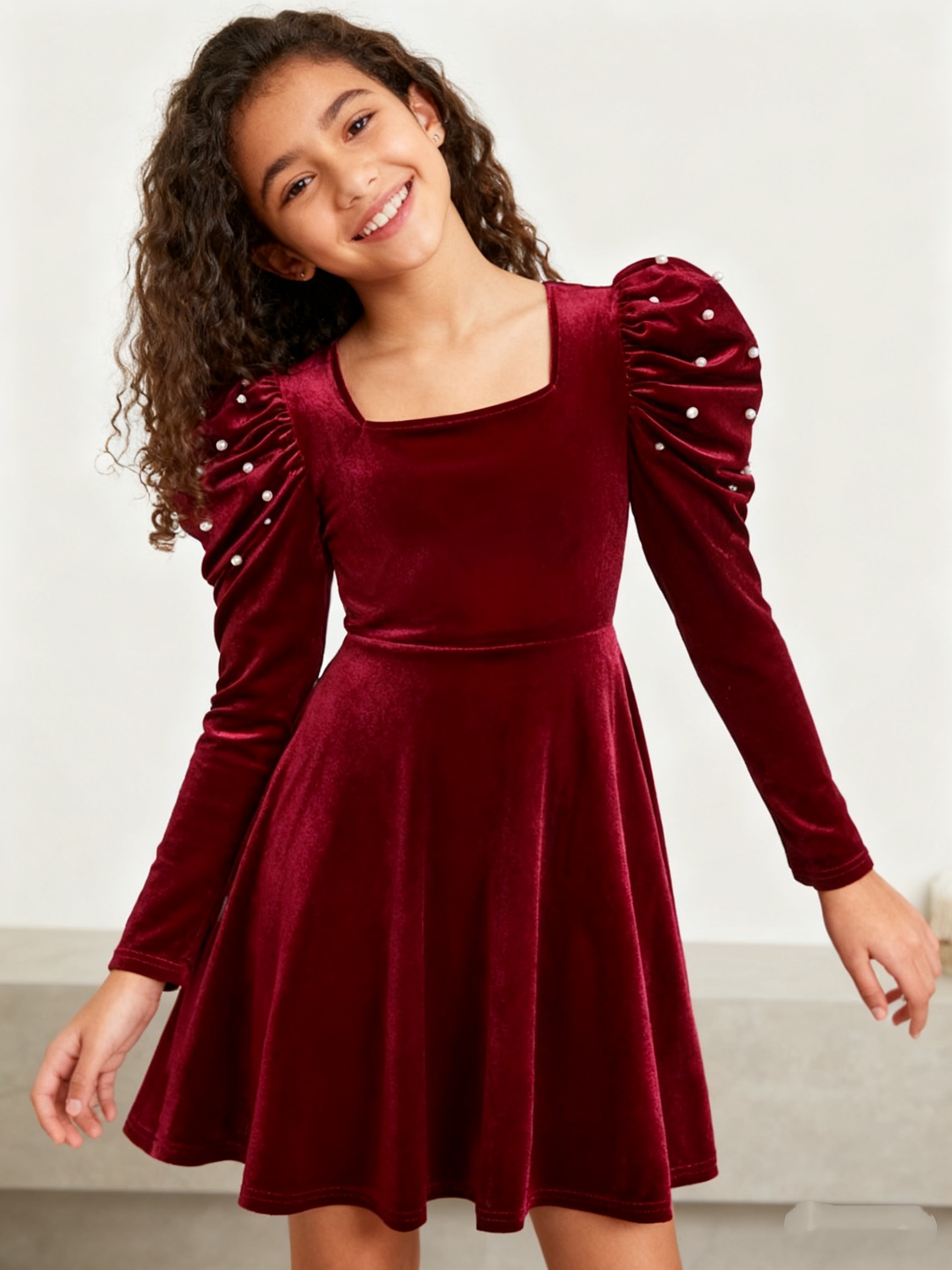 girls elegant winter dress square neck pearl accent velour