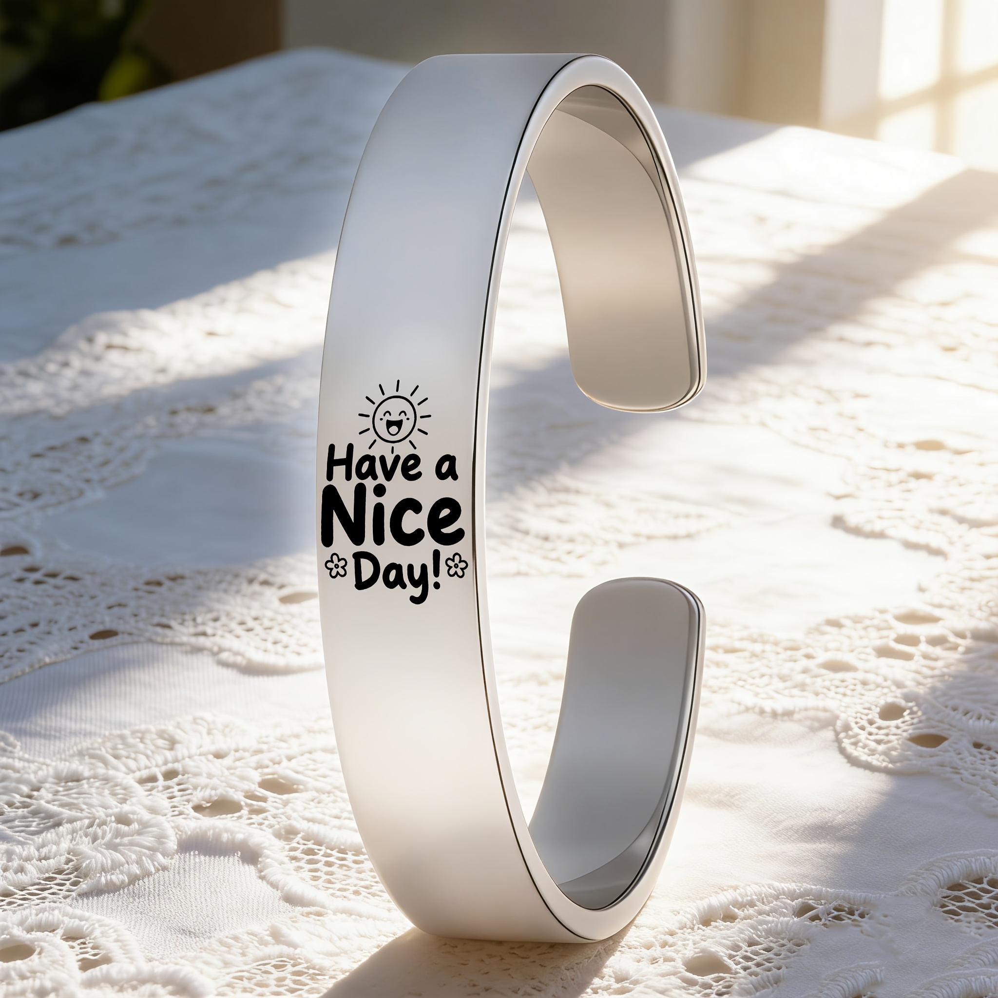Women's Joyful Sun and Small Flower Design Stainless Steel Open Bangle