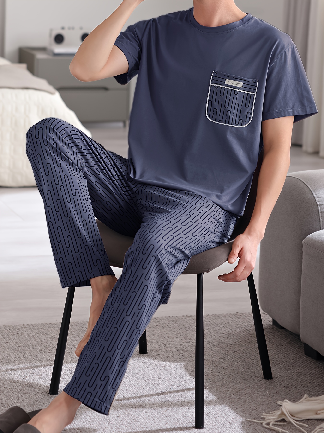 Easy Care, Men's Summer Cotton Pajama Set - Casual Short Sleeve & Long Pants, Breathable Lightweight Sleepwear with Pockets