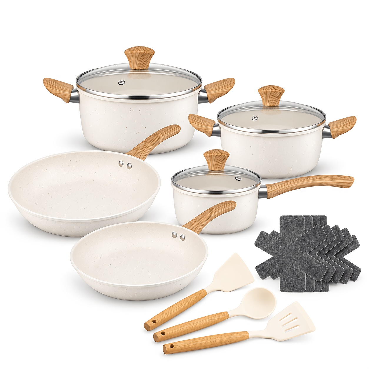 Image of 16pcs Home Cookware Set, Including Frying Pan, Saucepan, Double-handled Soup Pot, 3 Glass Lids, 3 Kitchen Utensils, And 5 Pot Protectors