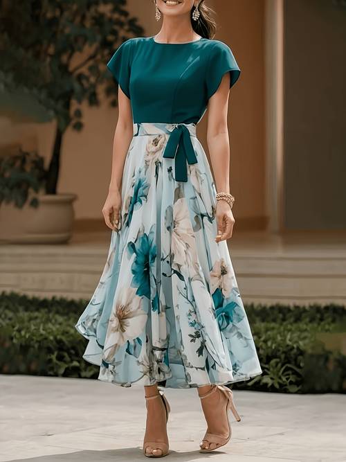 womens elegant short sleeve line dress with accent color block floral print round neck short dress suitable for spring summer machine washable blouse compatible for brand sold styles
