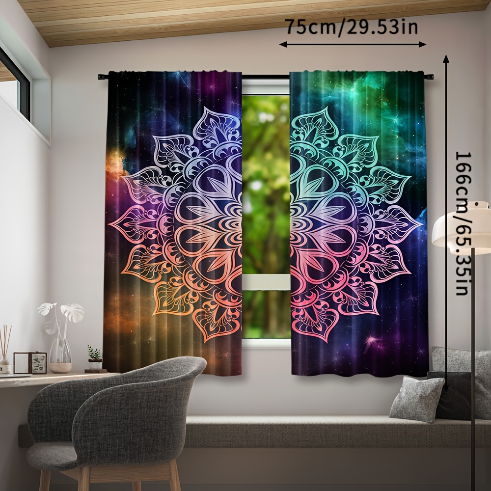 TEMU 2pcs Mandala Curtains, Colorful Starry Design Artistic Drapes For Bedroom & Living Room Decor, Semi-transparent Polyester Fabric, Machine