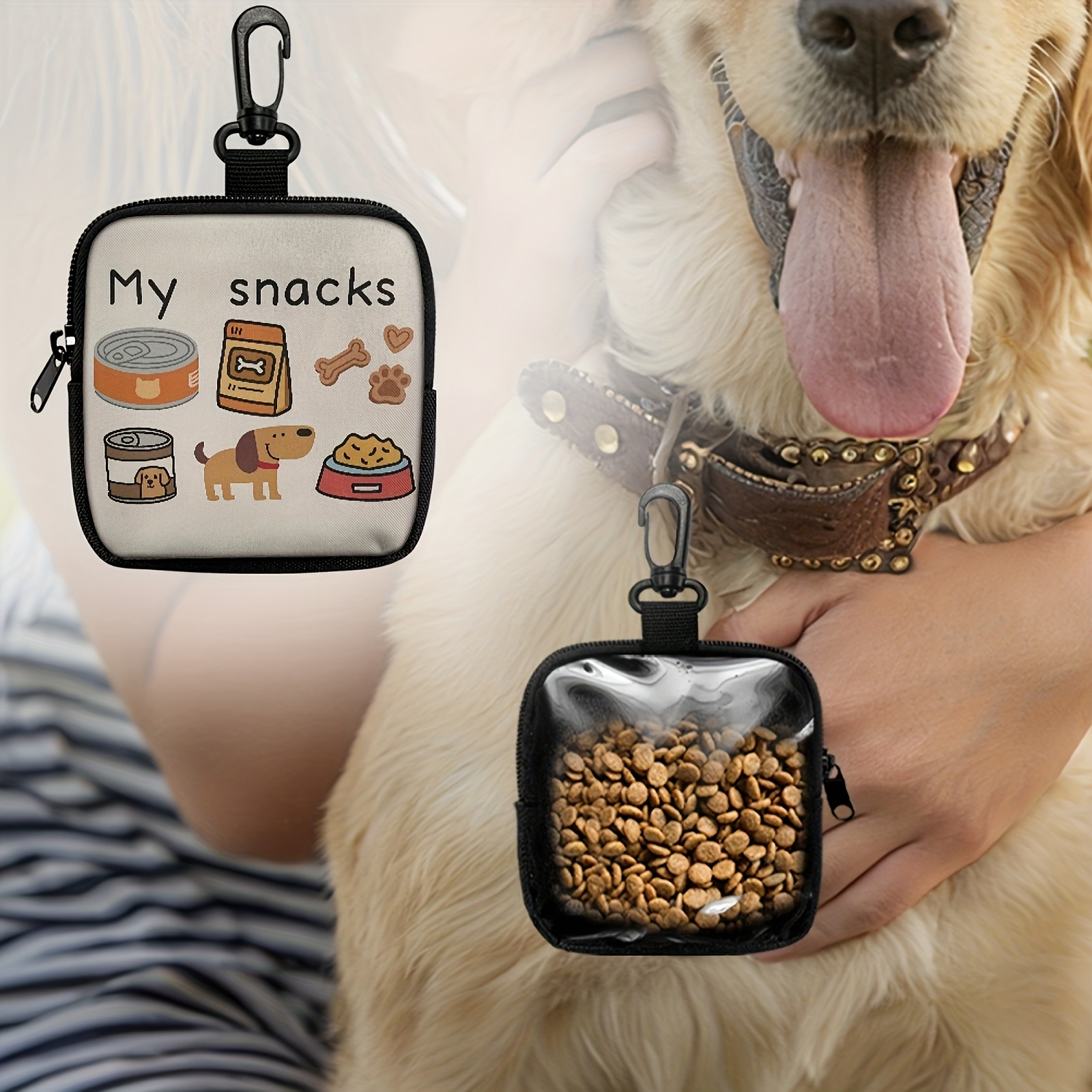 1pc Dog Print Snack Bag with Hook & Zipper - Pet Training Set for Puppy Training, Dog Food Storage, and Outdoor Walks, Durable Polyester, Cute Dog Design, Perfect for Dog Owners, Dog Treat Pouch, Dog Walking Essentials | Playful Dog Design | Secure