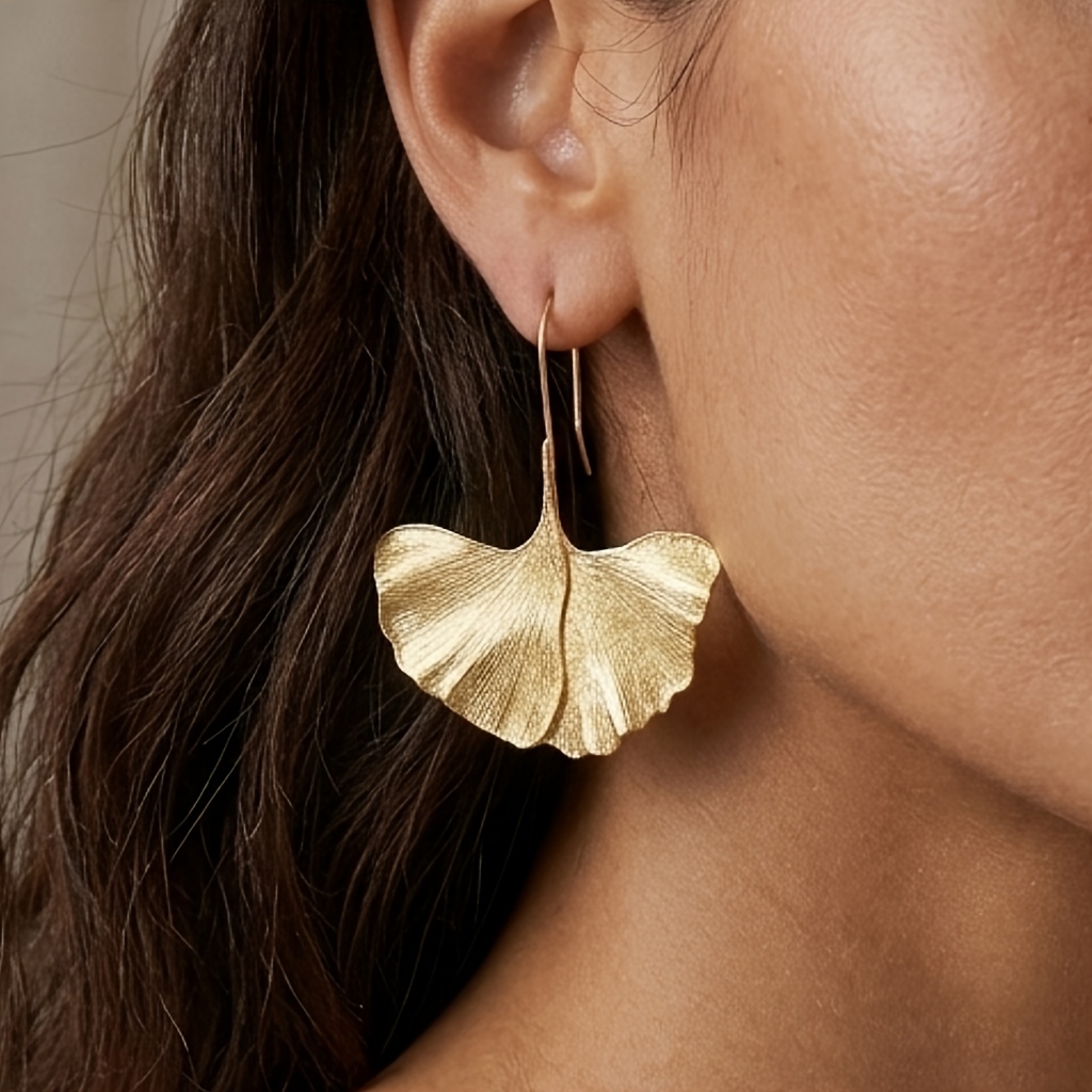 Women's Retro Ginkgo Leaf Shaped Long Earrings with 3D Texture