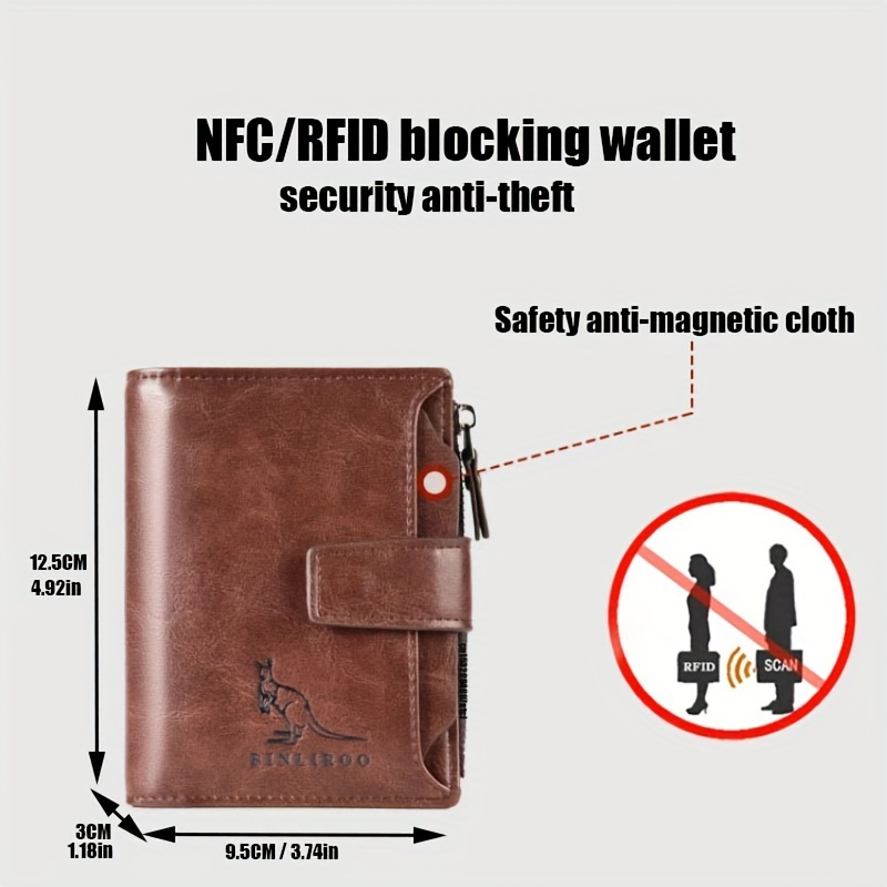 vintage style mens pu leather wallet with rfid blocking card holder coin purse secure zipper non braided solid color durable polyester interior 5