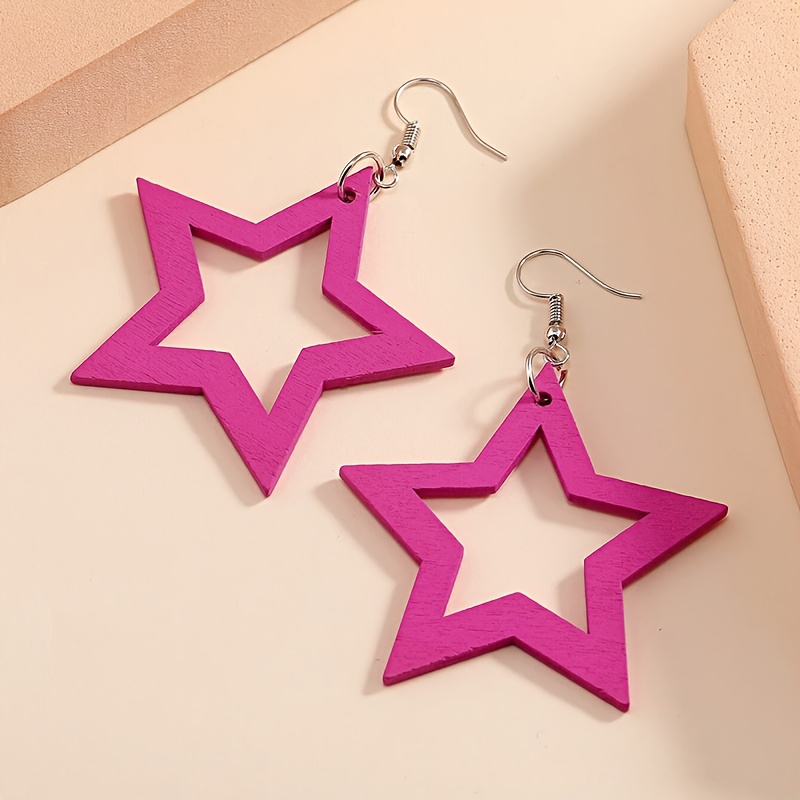 Image of Wooden Minimalist Geometric Rose Pink Exaggerated Minimalist Punk Rock Y2k Star Shaped Long Hollow Pendant Earrings Earrings Jewelry
