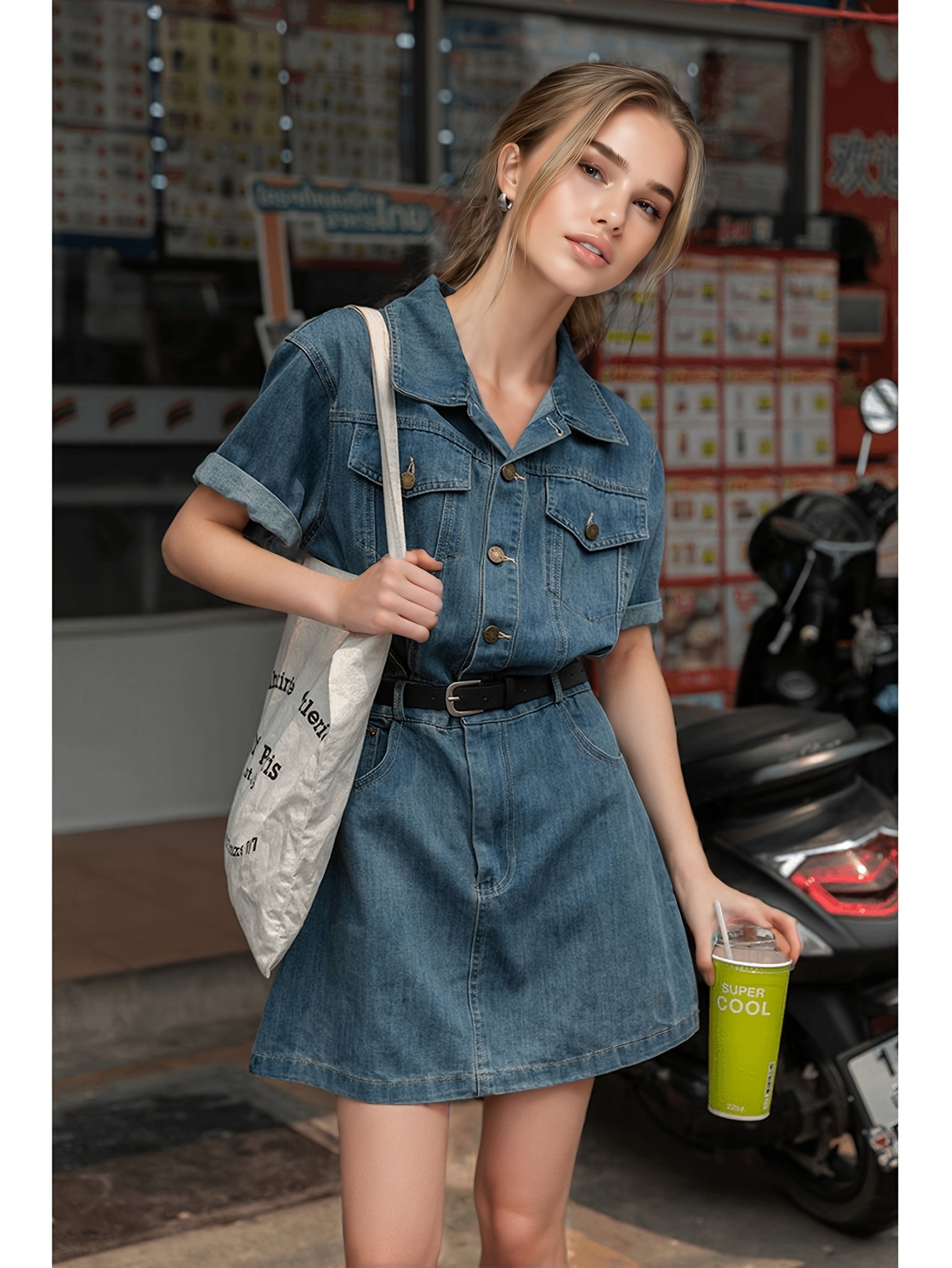 women's long sleeve denim dress, elegant mock neck smock dress