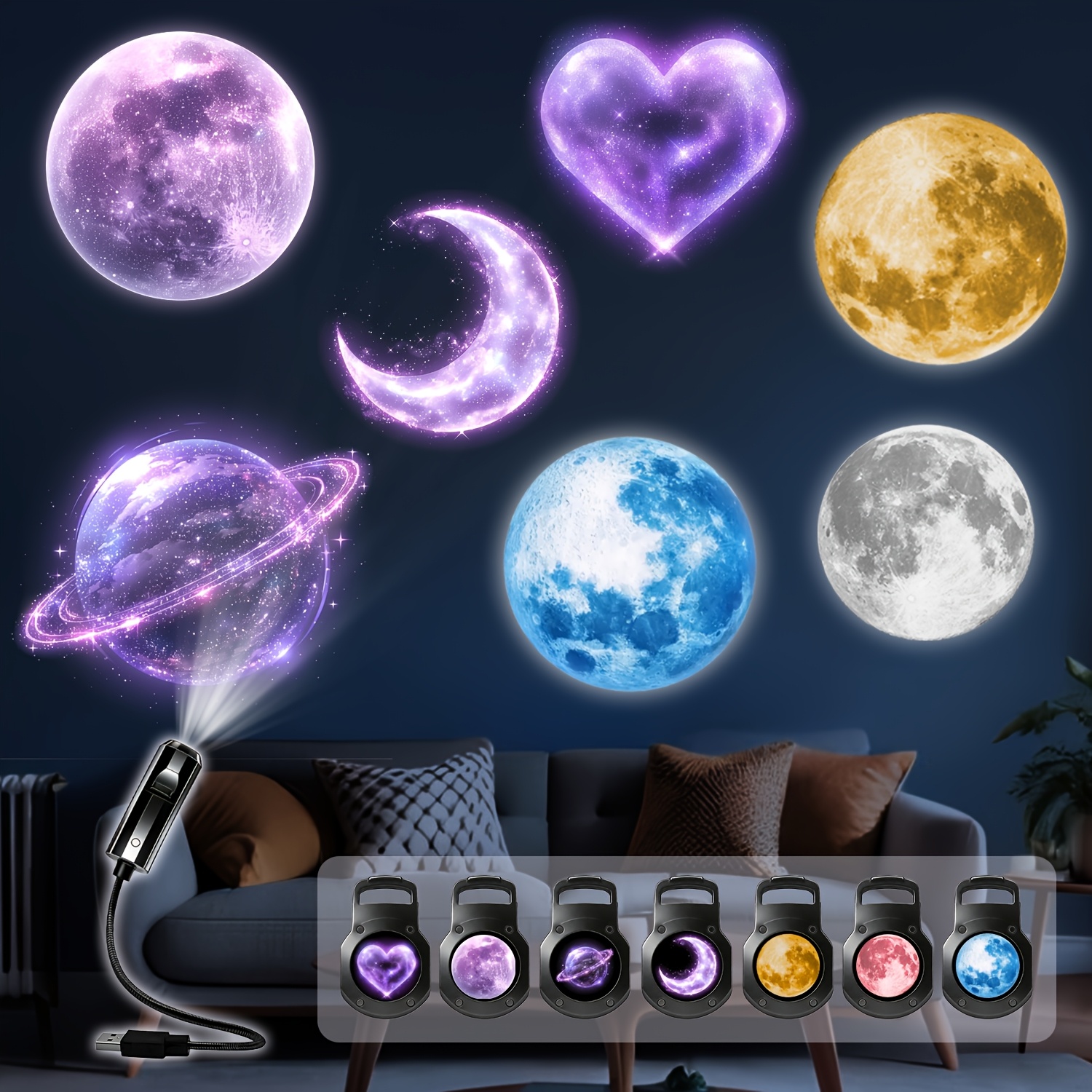 1 Lamp + 3/4/7 Moon Lamp Inserts (yellow, White, Blue, Pink). Usb Interface Plug. Portable Led Projector Lamp. Bedroom Ceiling Photo Background. 360° Rotatable Usb Lamp Fixture. Ceiling Decoration