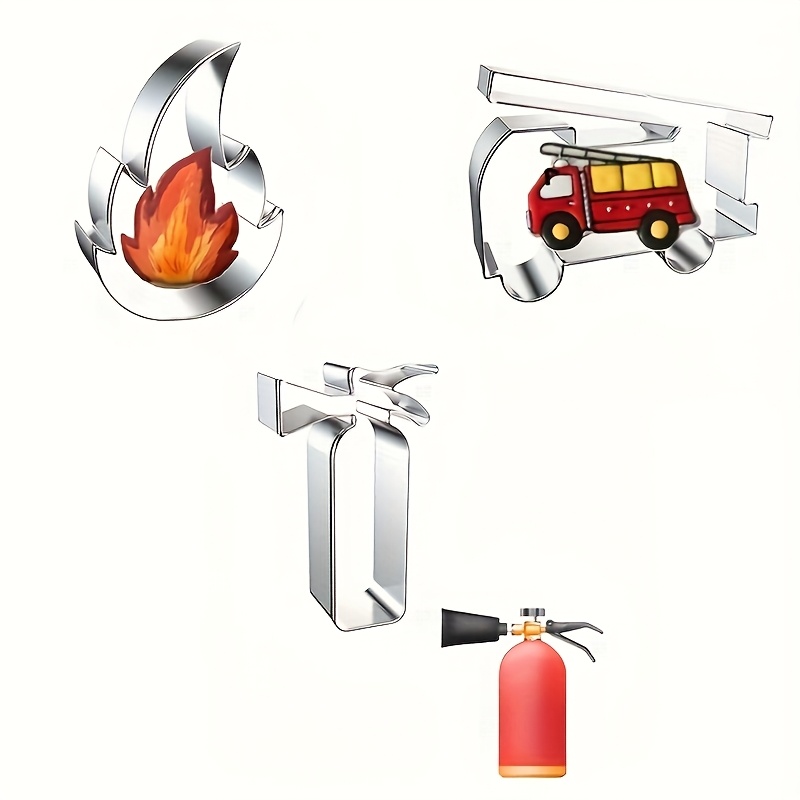 Image of Stainless Steel Set Of 3 Fire Truck, Fire Alarm, Fire Extinguisher, And Flame Fire Alarm Cake Cutters