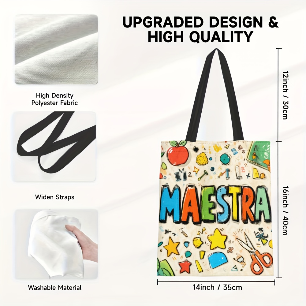 TEMU 1pc Retro Teacher & Pencil Print Tote Bag - Washable Polyester Reusable Grocery Bag Suitable For Shopping, Casual Use, Teacher Gifts, Easter,