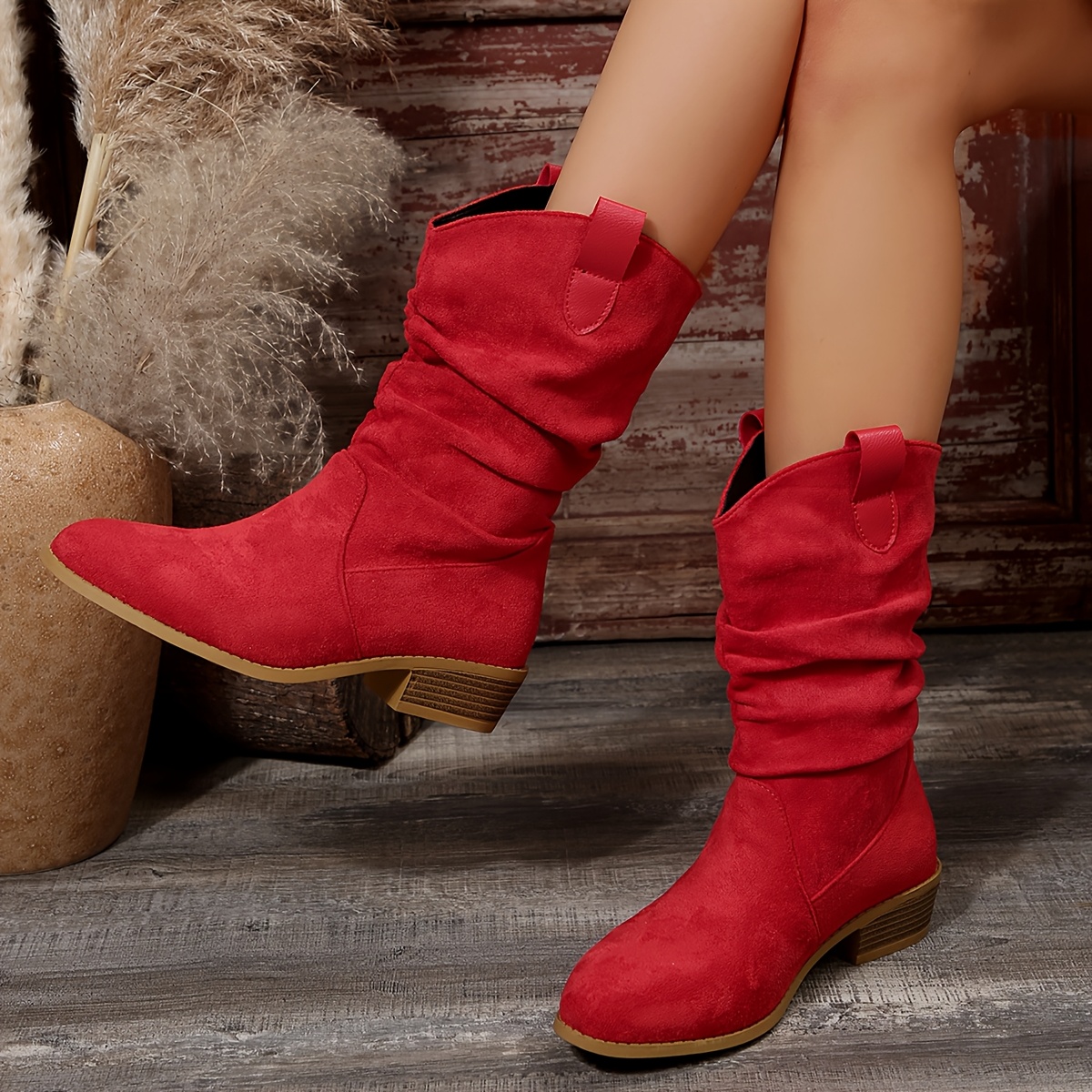 TEMU Women's Chunky Heel Slip-on Fashion Pleated Mid-calf Boots Solid Color Vintage Comfortable Women's Boots, Women Shoes