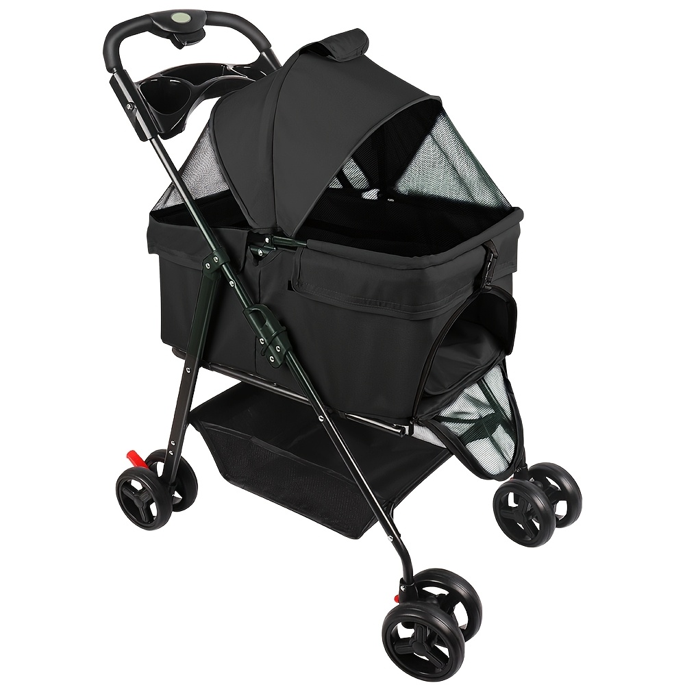 Four-wheeled Dog Stroller, Stroller, Portable Cat Stroller With Storage Basket And Mesh, 50x65x99cm, Black
