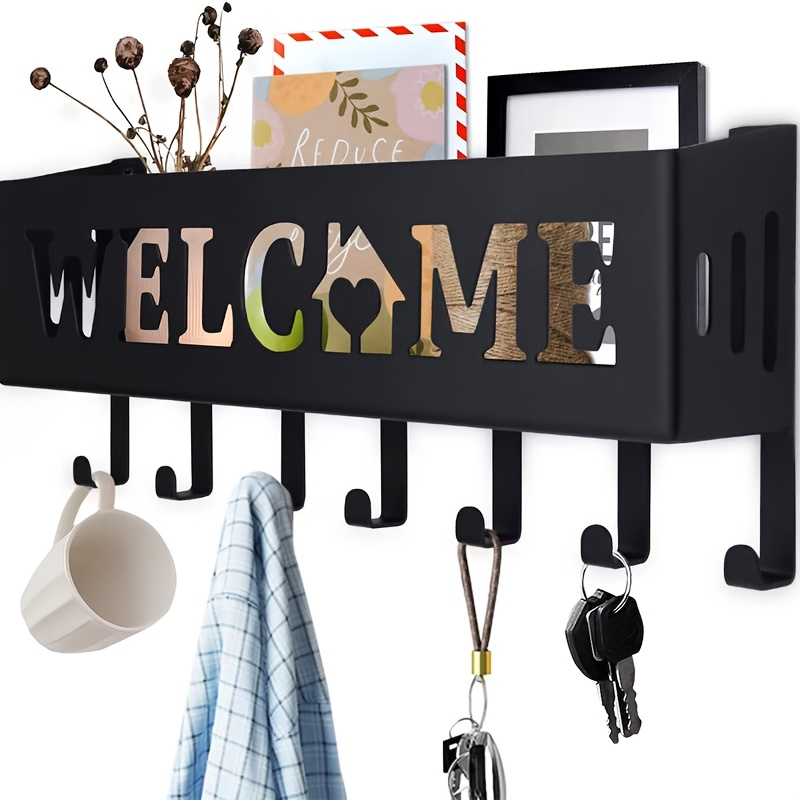 

1pc Contemporary Black Metal Wall Mount Welcome Sign With Hooks, Multi-functional Envelope Mail Organizer, Key Holder For Home Decor