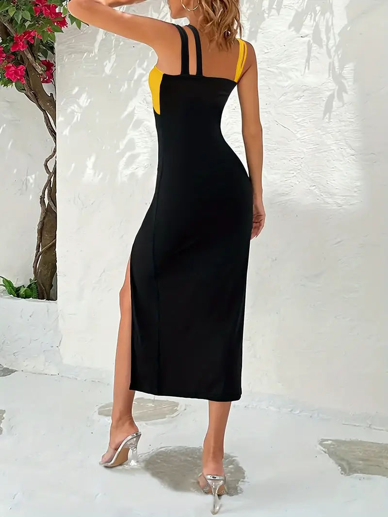 Color Block Split Thigh Halter Dress, Elegant Sleeveless Crisscross Front Dress, Women's Clothing Color Block Split Thigh Halter Dress, Elegant Sleeveless Crisscross Front Dress, Women's Clothing
