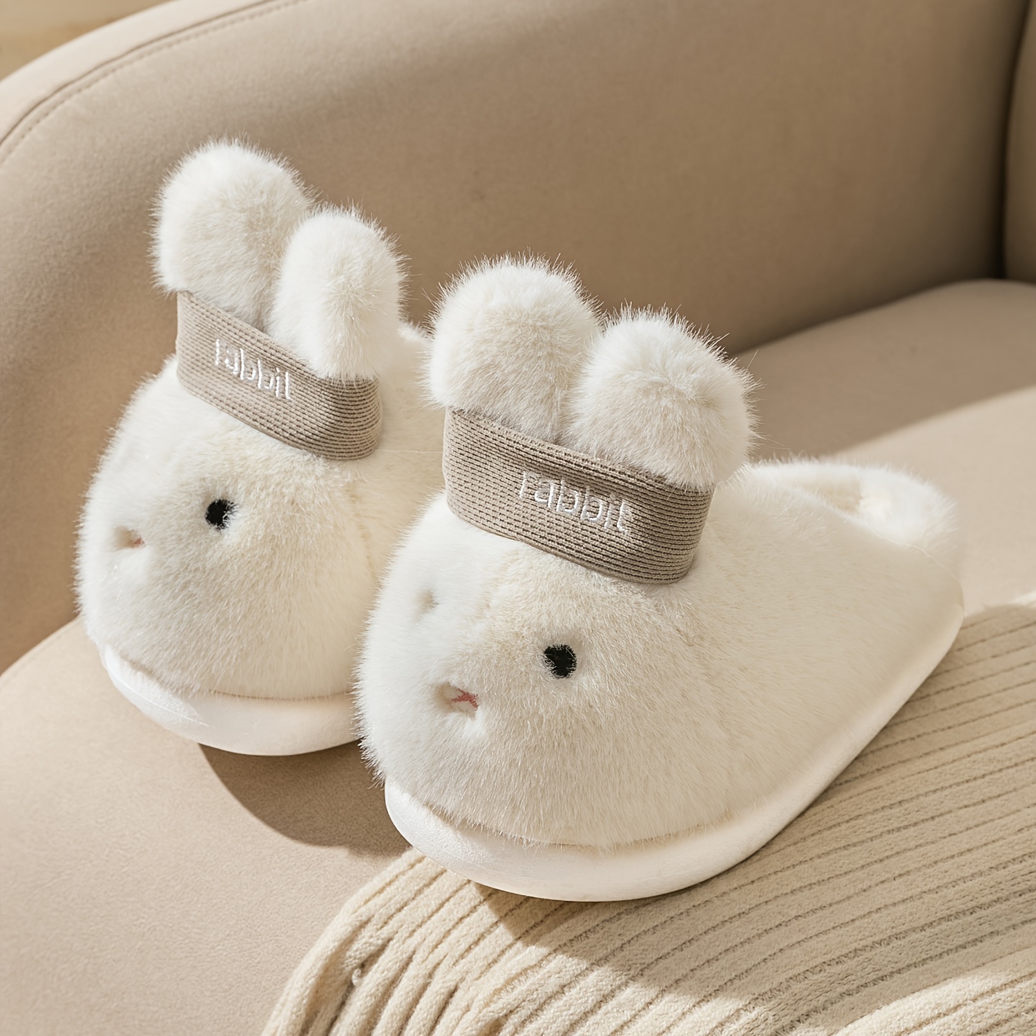 MT3308 Women's Plush Bunny Slippers Winter Warm Indoor House Shoes with  Cute Cartoon Rabbit Design, Soft Fabric Upper TPR Sole, Cozy Slip-On Loung