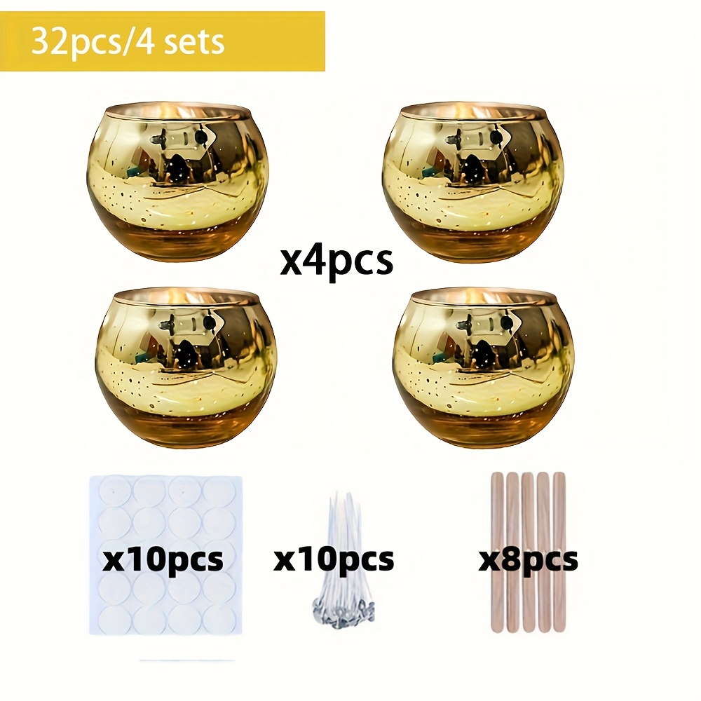 E-shop 32-teiliges Kerzenhalter- Zubehör-Set, inklusive 4 goldenen kugelförmigen Gläsern 28 Zubehörteilen (10 Dochte, 10 Aufkleber, 8