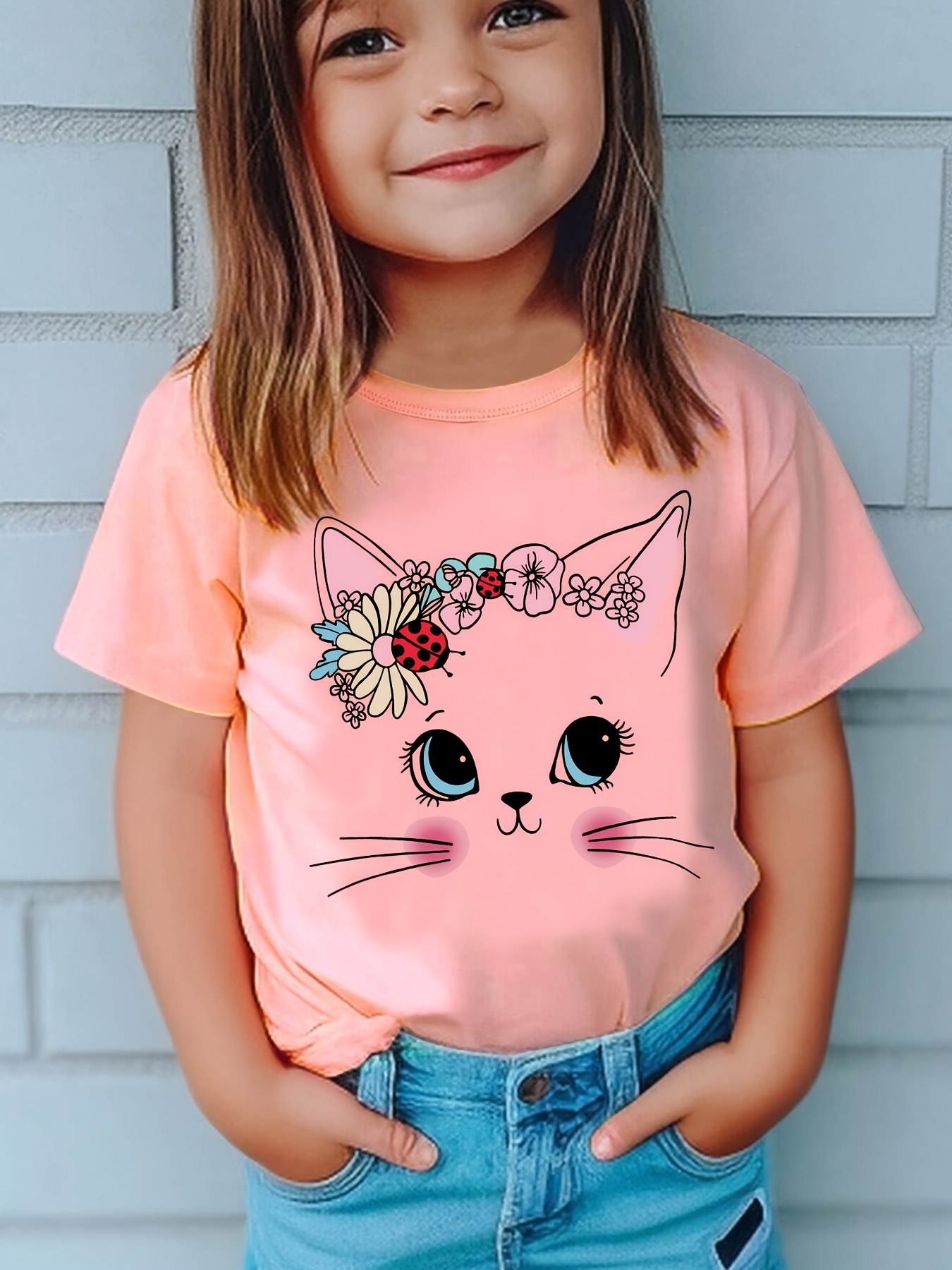 Girls' Cartoon Cat Floral Crown T-Shirt – Adorable Summer Fashion