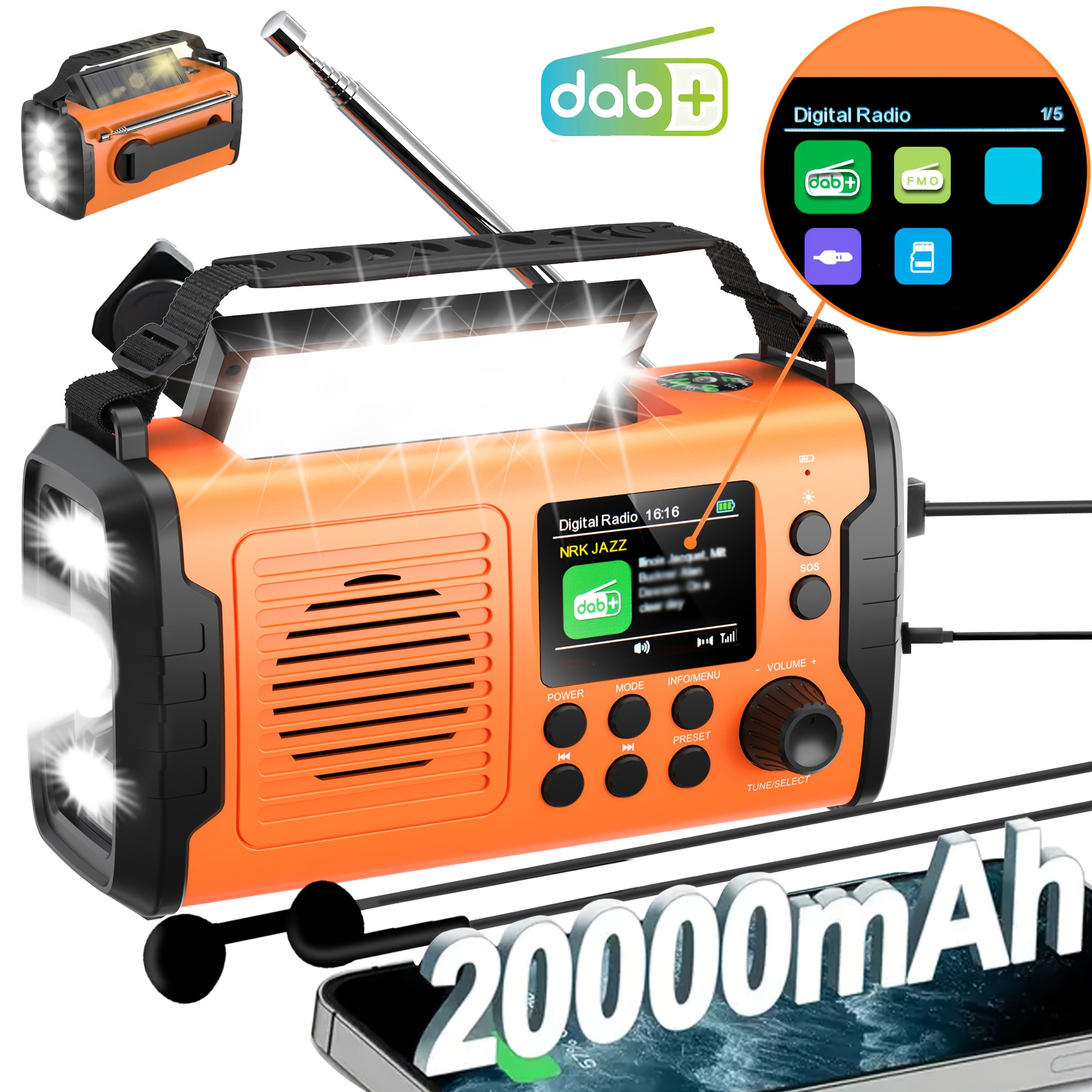 TEMU Radio de emergencia de 20000mAh con energía solar y manivela, DAB/FM, linterna y lámpara de lectura, 3 métodos de carga, alarma SOS, para al ,