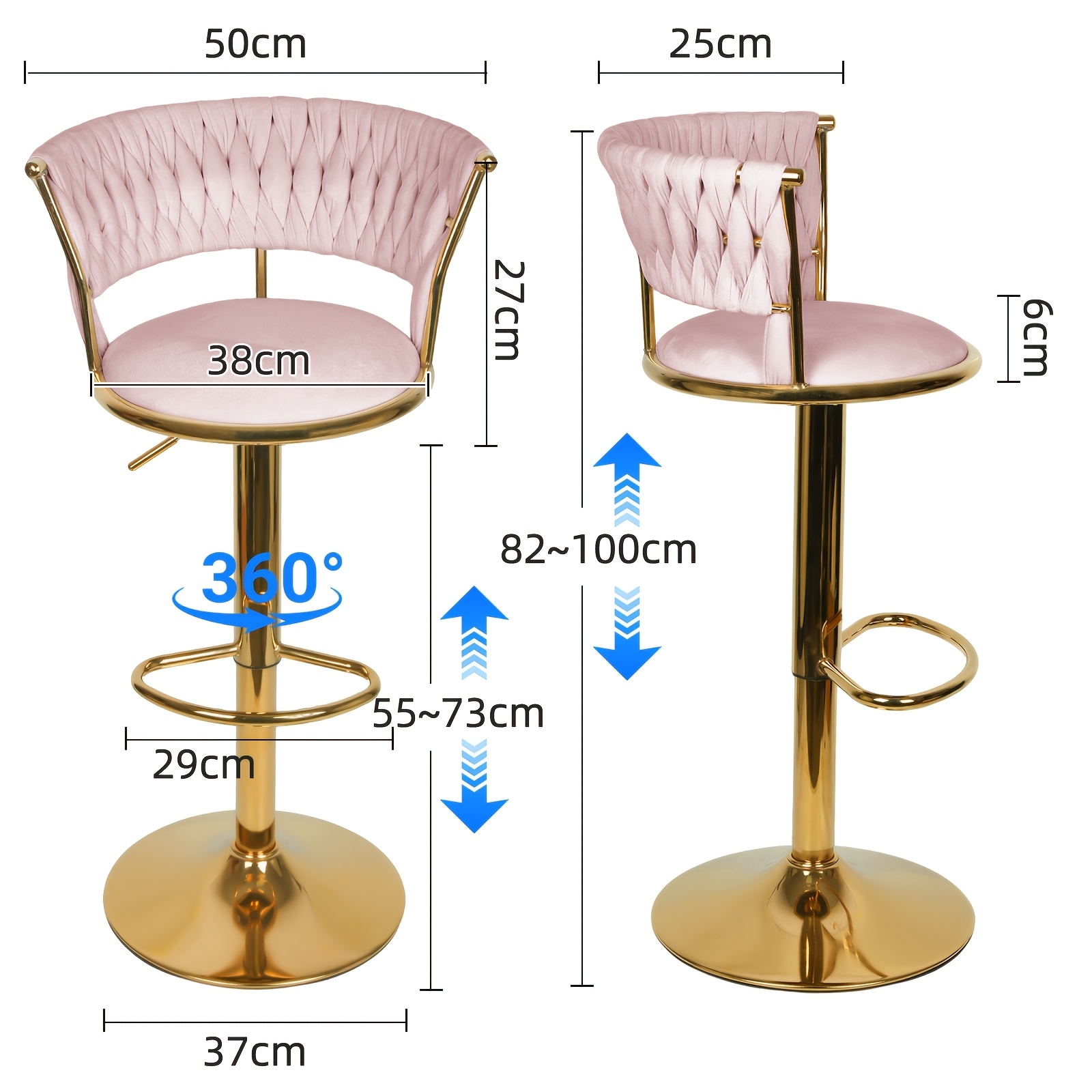 TEMU Set Of 2 Luxury Pink Stools - Adjustable Swivel Counter Height Chairs With Woven Backrest & Golden Metal Base, Soft Padded Round Table Seats