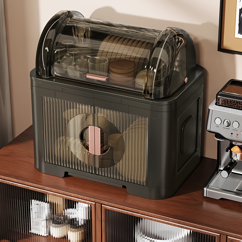 [Life Declaration] Modern Kitchen Organizer Cabinet - Clear View Doors, Adjustable Shelves, Multi-Functional Countertop Storage with Built-in Cutlery Trays, Glossy Black Finish, Space-Saving Plastic Display Case for Utensils, Dishes & Cook