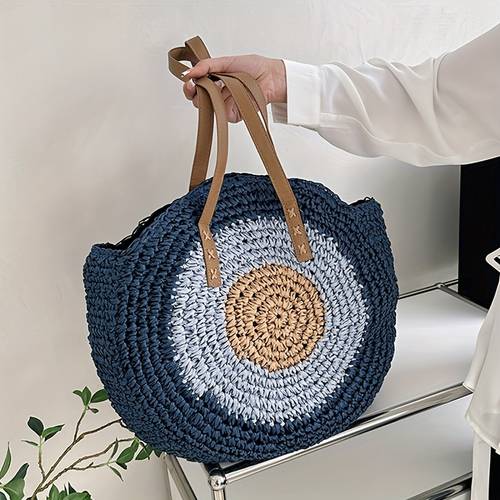 women straw shoulder bags women casual summer top handle handbags large shopping tote