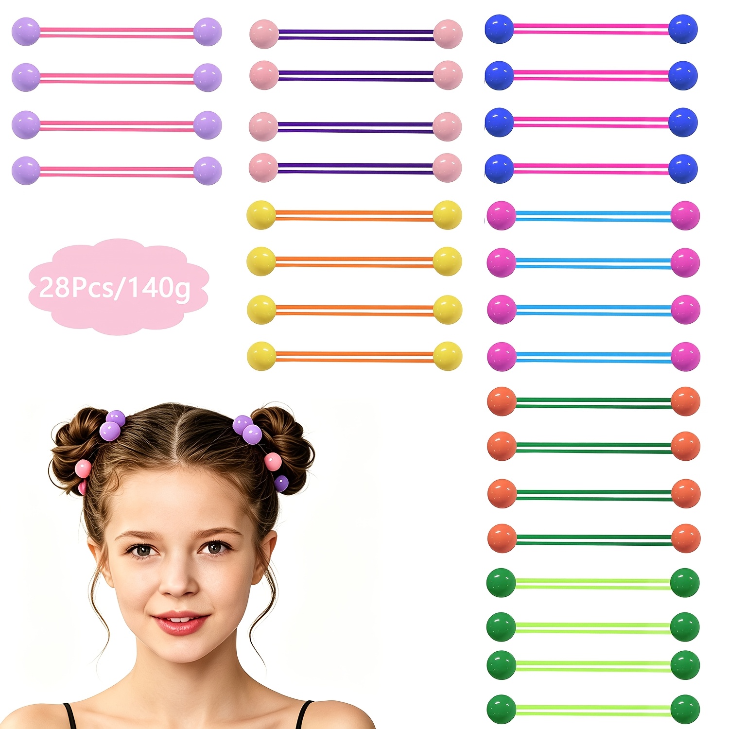 TEMU 28pcs Pack Combiné Multicolore Élastiques à Cheveux avec Perles Double Boule, Chouchous Élastiques Doux et Extensibles Anti-Déchirure pour Queue