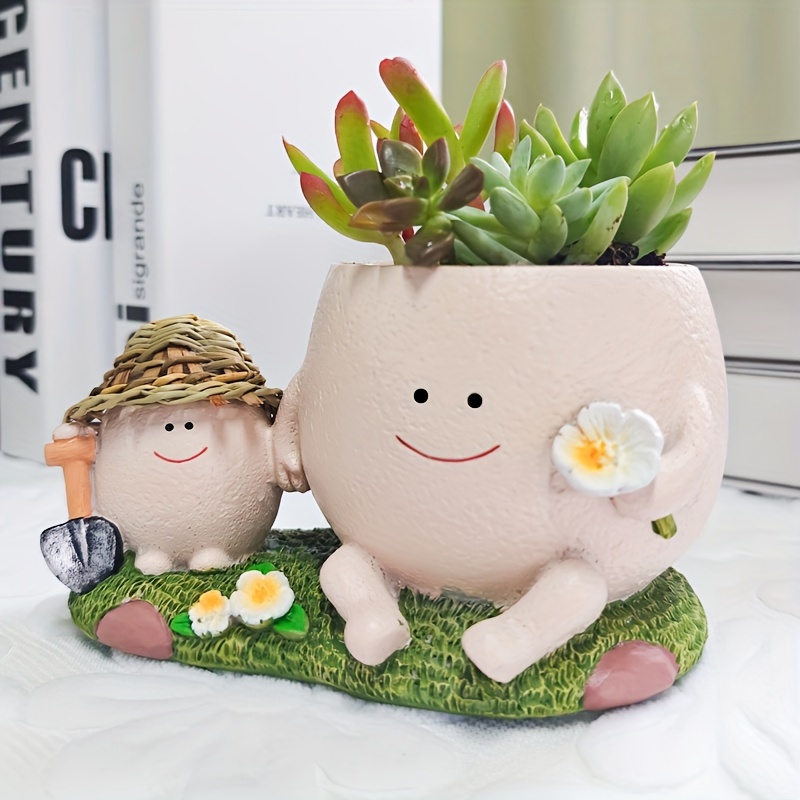 

Family Bonding Resin Planter - Cute Parent- Design With Drainage Hole For Succulents & Flowers, Indoor/outdoor Use