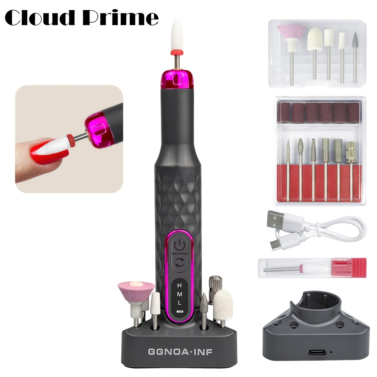 

Machine à ongles nuage prime avec motif diamant, broyeur de manucure portable avec 12 embouts de polissage, polisseur de nail art fil rechargeable par USB, batterie au lithium de 500mAh, adaptateur