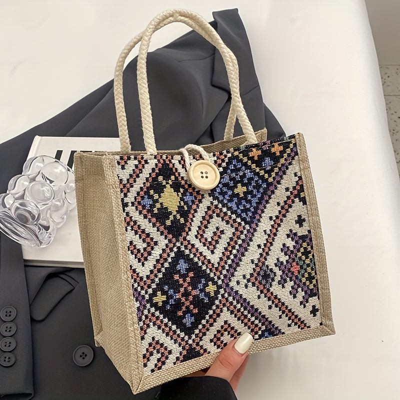 

1pc Bohemian Style Canvas Tote Bag, Women's Summer Fashion Handbag With Closure, Lightweight Polyester, Ethnic Pattern, Suitable For Daily Use & Travel