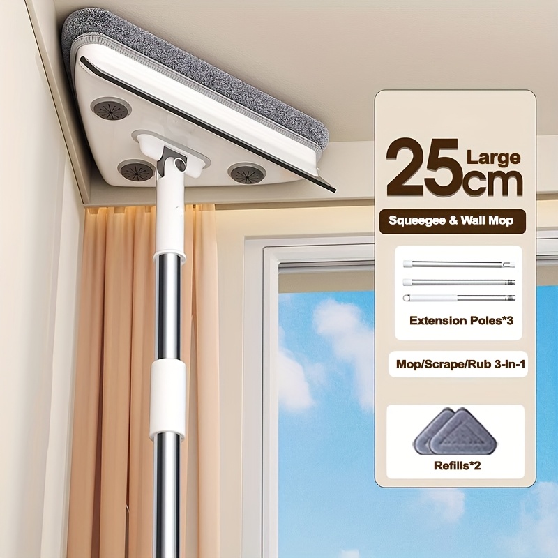TEMU 3-in-1 Professional Window Squeegee & Wall Mop: Window Cleaning Kit With 360° Rotating Triangular Head & Cloth Slots, Window Duster Scrubber And