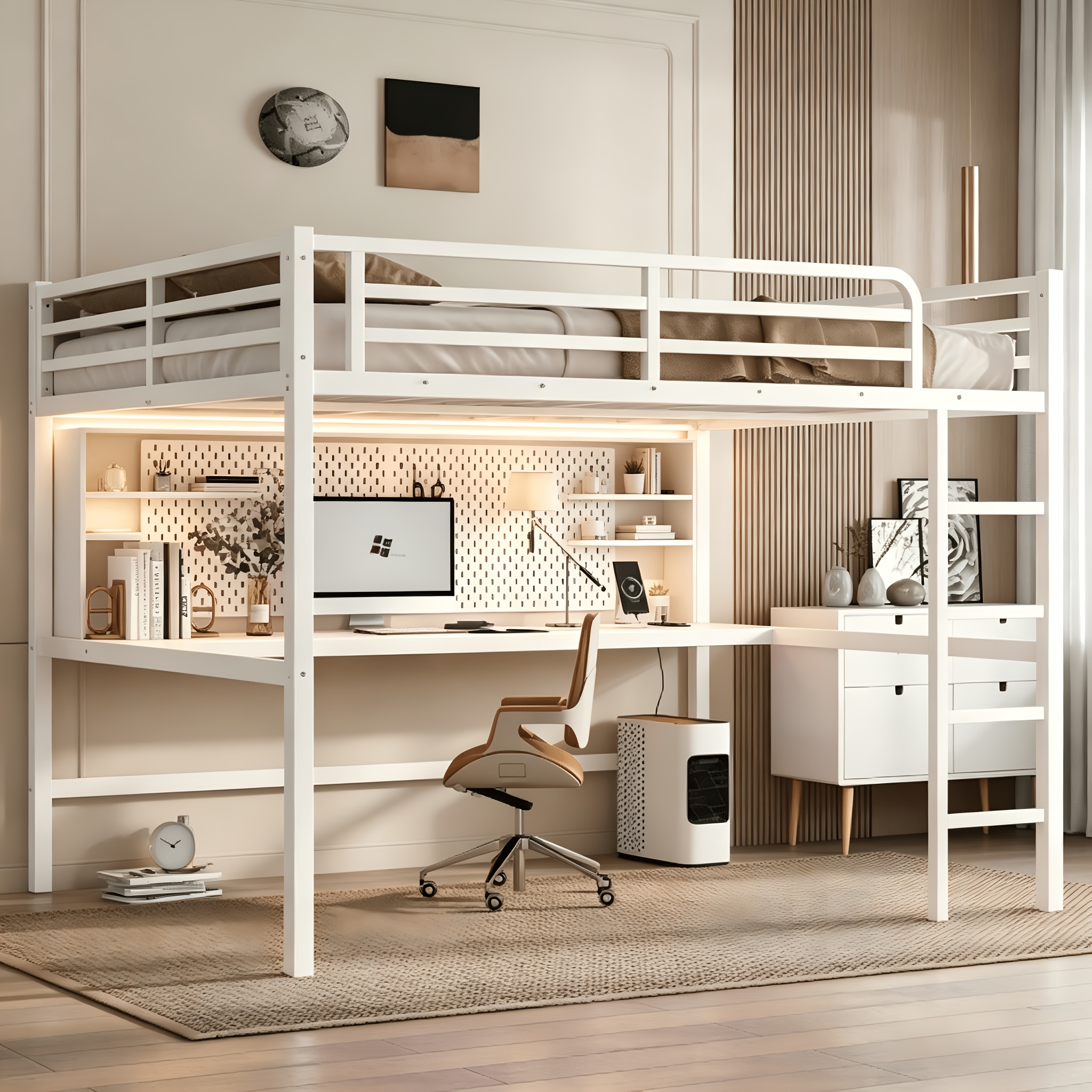 BELLEMAVE Queen Size Heavy-Duty Metal Loft Bed Frame with Built-In Desk, Side Ladder And Full Safety Guardrails, Noise-Reduced Loft Bed, No Box Spring Required, Modern Bedroom Furniture for Small Apartments, Off White