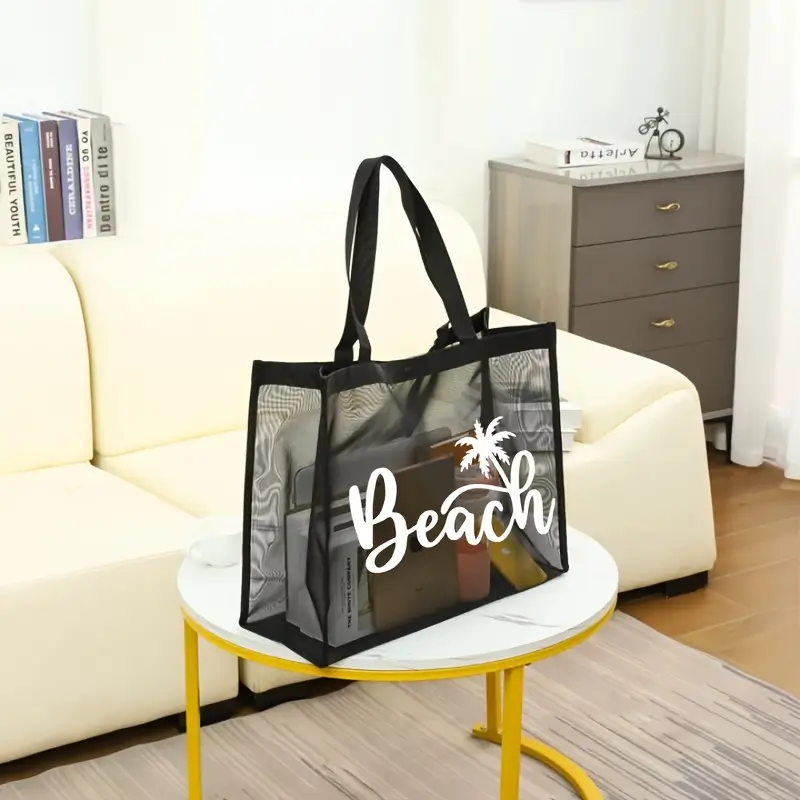 large capacity breathable mesh tote bag with palm tree beach letter print foldable shoulder bag for lightweight stylish summer accessory details 0