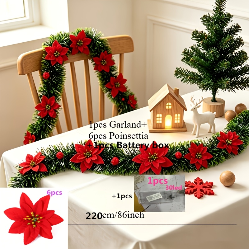 TEMU 8pcs Set Includes: 1 Garland, 6 Poinsettias, And 1 String Of 30 Lights. Red Poinsettia Christmas Garland With 30 Bright Led Lights, Dark Tip
