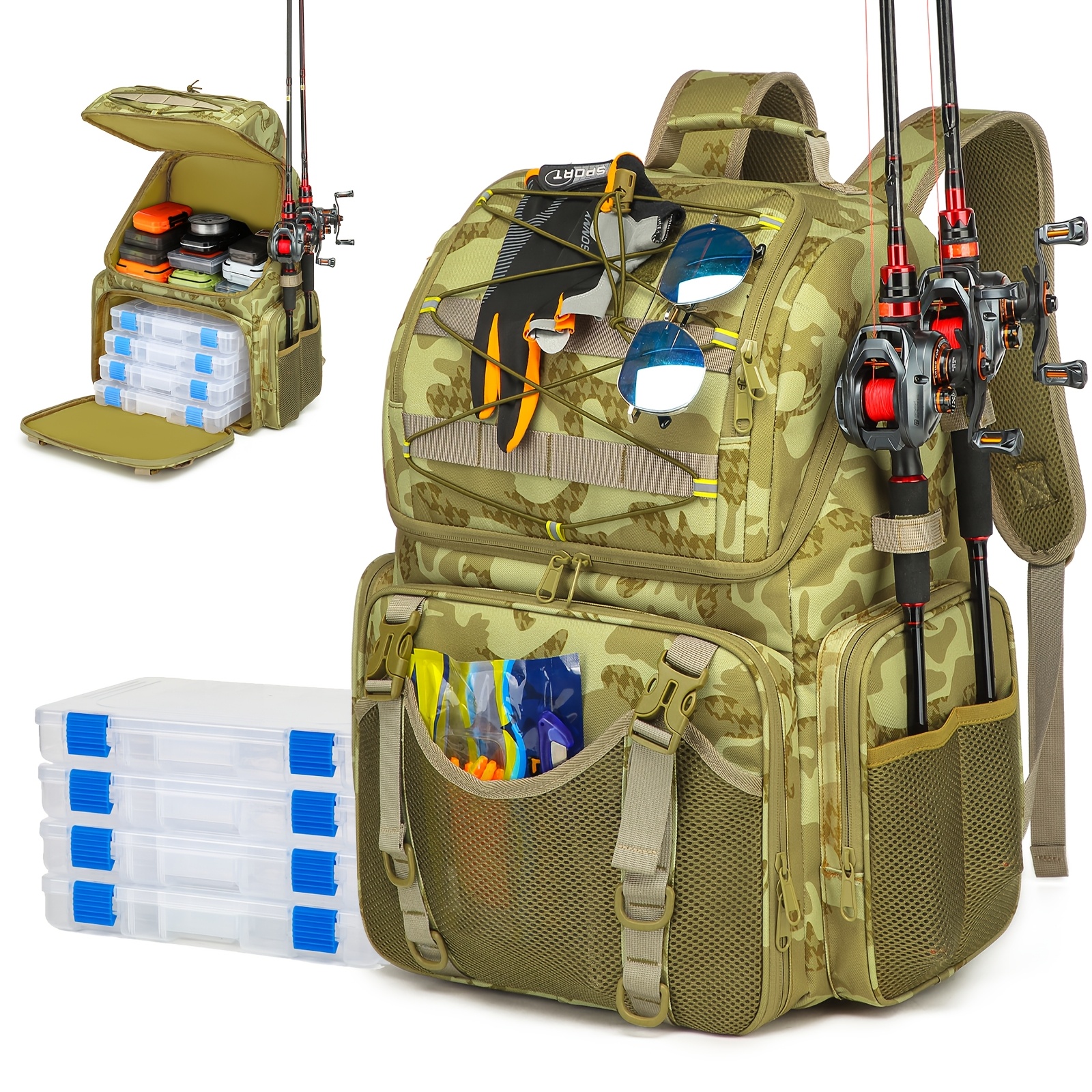 extra großer 45l angelrucksack mit 900d strapazierfähigen, verstellbaren fächern zur aufbewahrung von angelausrüstung, ideal für angeln, bergsteigen, wandern campingaktivitäten –   tolles geschenk für männer väter