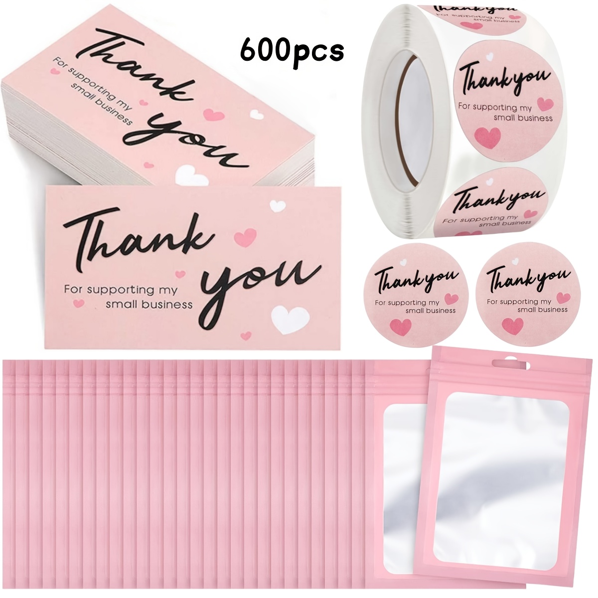 E-shop 600 Stück Dankeskarten & Aufkleber-Set mit wiederverschließbaren Verpackungsbeuteln – Elegantes Rosa & Weiß Design, Hochwertiges Papier, Ideal