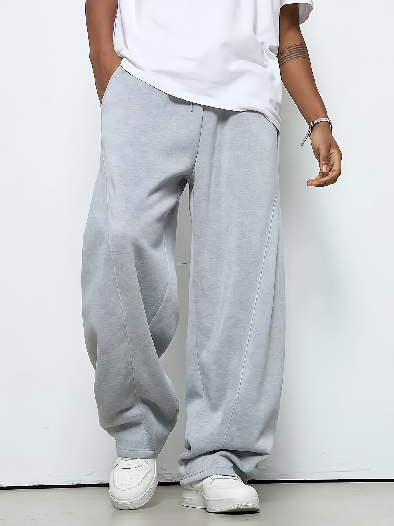 mens   solid color drawstring casual pants loose wide leg with pockets breathable fabric minimalist style for outdoor vacation   wear comfortable everyday trousers vacation pants   durable construction leisure clothing 0