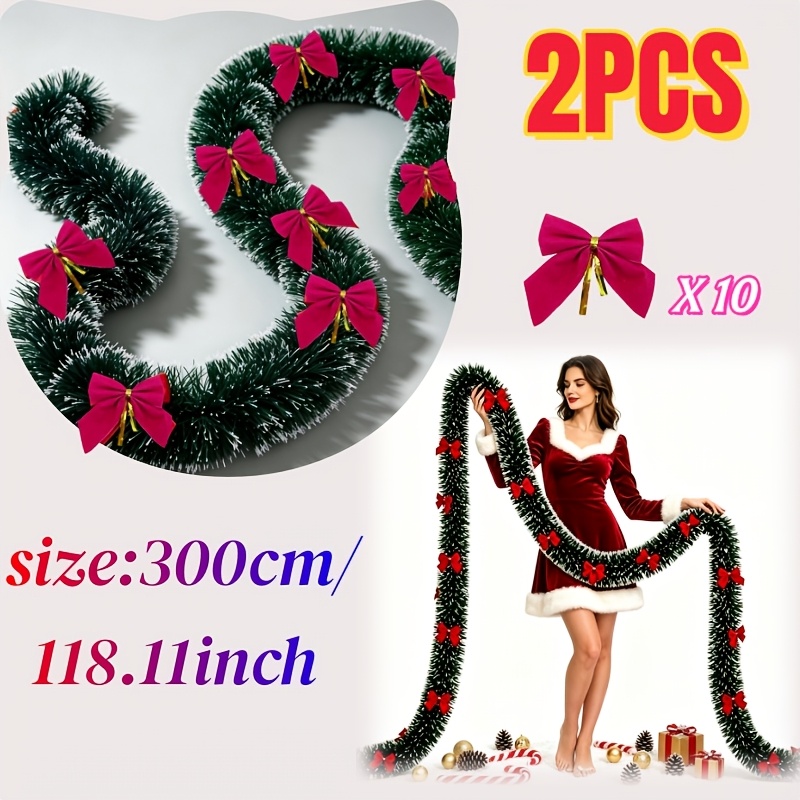 TEMU 6 Meters = 2 Sets Of Dark Green Christmas Decorative Wreaths With 10 Red Bows, Foil-metallic Accents - Flexible And For Easy Wrapping And